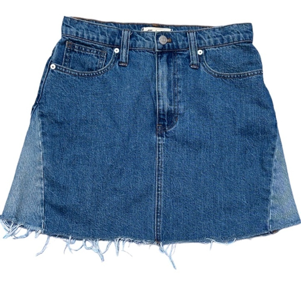 Madewell Color Block Blue Denim Skirt Raw Hem 5 Pocket Styling Zipper Fly